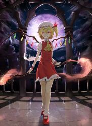  :d ascot bad_id bad_pixiv_id bare_legs blonde_hair bobby_socks commentary_request female fire flandre_scarlet frilled_skirt frills full_moon grin highres laevatein_(touhou) looking_at_viewer magic mary_janes miniskirt moon night night_sky open_mouth purple_moon red_eyes red_skirt reflection shoes shouin side_ponytail skirt skirt_set sky smile socks solo touhou v-shaped_eyebrows vest wrist_cuffs 