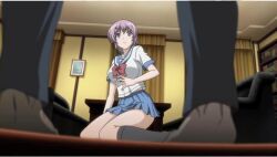  anime_screenshot black_socks blue_eyes blurry bookshelf bow bowtie breasts ceiling couch curtains depth_of_field female hair_ornament hairclip ichinose_anna indoors kneehighs kneeling light_purple_hair living_room looking_at_another medium_breasts midriff_peek miniskirt non-web_source painting_(object) pleated_skirt raised_eyebrows ran-&gt;sem scared school_uniform serafuku shirt short_hair short_sleeves skirt socks solo_focus table wide-eyed 