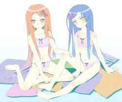  2girls ankle_grab bad_id bad_pixiv_id bare_legs barefoot blue_hair blush body_blush bow bra feet flat_chest hairbow idolmaster idolmaster_(classic) kisaragi_chihaya komi_zumiko lingerie long_hair looking_at_viewer minase_iori multiple_girls navel orange_hair panties pink_eyes polka_dot polka_dot_bra polka_dot_panties sitting soles toes underwear underwear_only very_long_hair yellow_eyes 