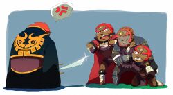  4boys anger_vein armor bad_id bad_pixiv_id beard belt boots cape facial_hair ganondorf gerudo hair_ornament headlock jewelry male_focus multiple_boys multiple_persona red_eyes red_hair short_hair sweatdrop sword the_legend_of_zelda the_legend_of_zelda:_ocarina_of_time the_legend_of_zelda:_the_wind_waker the_legend_of_zelda:_twilight_princess time_paradox tori-kei weapon 