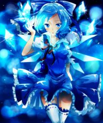  aged_up blue_bow blue_dress blue_eyes blue_hair bow cirno commentary_request covered_nipples dress female frilled_dress frills hair_ribbon hairbow hands highres ice ice_wings looking_at_viewer negiko panties pantyshot ribbon short_hair solo standing thighhighs touhou underwear white_panties white_thighhighs wings 