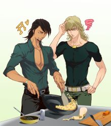  2boys barnaby_brooks_jr. blonde_hair brown_eyes brown_hair carrot commentary_request cooking cutting_board facial_hair food fried_rice frying_pan glasses green_eyes jewelry kaburagi_t._kotetsu knife male_focus mayonnaise mocu00 multiple_boys musical_note necklace shirt short_hair spoon stubble t-shirt thinking tiger_&amp;_bunny 