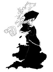  commentary_request dress england feathers female greyscale hat highres hoppege monochrome northern_ireland original personification scotland solo united_kingdom wales wings 