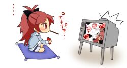  @_@ bad_id bad_pixiv_id blush chibi crt cushion dial_television female food hair_ribbon kyuubee long_hair mahou_shoujo_madoka_magica mahou_shoujo_madoka_magica_(anime) pocky ponytail punching red_eyes red_hair ribbon sakura_kyoko sitting solo_focus spiral-only_eyes television translated transparent_background uppercut yuiyuimoe 