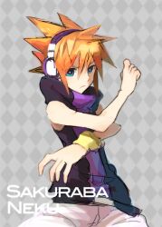  1boy akizuno bad_id bad_pixiv_id blue_eyes headphones male_focus orange_hair sakuraba_neku solo spiked_hair subarashiki_kono_sekai 