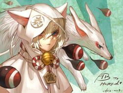  1boy animal_ears axis04 bell blue_eyes chinese_commentary commentary_request ears_through_headwear ema fox fox_ears hood hood_up male_focus original solo striped white_hair 