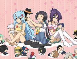  3girls :t ^_^ afuro_(did) bare_shoulders barefoot black_legwear blue_eyes blue_hair blue_skirt bluebell character_doll chrome_dokuro closed_eyes colonello commentary_request doll eyepatch gokudera_hayato hair_ribbon happy hibari_kyouya katekyo_hitman_reborn! kikyo_(reborn) lambo long_hair mammon_(reborn) miniskirt multiple_girls no_shoes pantyhose pleated_skirt ponytail puffy_cheeks purple_eyes purple_hair reborn ribbon rokudou_mukuro sasagawa_ryohei sawada_tsunayoshi short_hair short_sleeves shorts sitting skirt skull_(reborn) sleeveless smile soles star_(symbol) striped thighhighs toes uni_(reborn) wariza white_legwear yamamoto_takeshi 