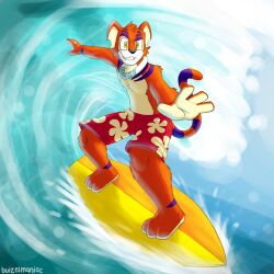  1:1 anthro avoid_posting buizilla clothed clothing felid jumpstart_games kougra male mammal neopet_(species) neopets outside solo surfer surfing swimming_trunks swimwear topless water wave yellow_eyes 