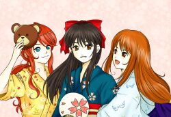  3girls black_hair blue_eyes bow brown_eyes brown_hair commentary_request erica_fontaine freckles gemini_sunrise japanese_clothes kimono long_hair marie0924 mask multiple_girls partial_commentary ponytail red_bow red_hair sakura_taisen sakura_taisen_iii sakura_taisen_v shinguuji_sakura smile 