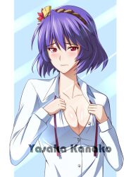  bad_id bad_pixiv_id blush breasts cleavage dress_shirt female km_yama looking_at_viewer medium_breasts open_clothes open_shirt purple_hair red_eyes shirt short_hair solo touhou undressing upper_body yasaka_kanako 