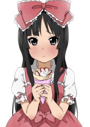  akiyama_mio bad_id bad_pixiv_id black_eyes black_hair blush bow crepe dress female food food_wrapper hairbow k-on! lolita_fashion long_hair neki_(wakiko) solo 