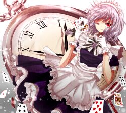  ace_(playing_card) ace_of_spades card clock commentary_request eight_of_hearts female floating_card gloves grey_hair highres holding holding_card izayoi_sakuya king_(playing_card) king_of_diamonds king_of_spades maid maid_headdress one_eye_closed playing_card pocket_watch red_eyes roman_numeral seven_of_clubs six_of_spades smile solo spade_(shape) ten_of_hearts ten_of_spades three_of_diamonds three_of_spades touhou two_of_clubs watch white_gloves yuki_201 