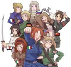  317_(saina) 6+girls ^_^ ahoge alternate_hair_color america_(hetalia) american_flag angry arm_up armband arms_behind_head arms_up axis_powers_hetalia bad_id bad_pixiv_id belt black_hair blonde_hair blue_eyes blush breasts brown_eyes bun_cover china_(hetalia) clenched_hands closed_eyes double_bun feline flag flat_chest foreshortening france_(hetalia) french_flag frown fur_trim genderswap_(mtf) german_flag germany_(hetalia) gloves green_eyes hair_bun hair_ornament hairband hairclip hand_on_own_hip happy holding italian_flag jacket japan_(hetalia) japanese_flag katana large_breasts long_hair military military_uniform multiple_girls necktie northern_italy_(hetalia) one_eye_closed open_clothes open_jacket people&#039;s_republic_of_china_flag ponytail purple_eyes rule_63 russia_(hetalia) russian_flag salute sash scarf short_hair siblings simple_background single_hair_bun sisters southern_italy_(hetalia) strapless sweat swept_bangs sword tongue tube_top twintails uniform union_jack united_kingdom_(hetalia) wavy_hair weapon 