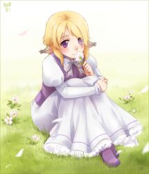  animal_ears blonde_hair bow commentary commission dress english_commentary female flower holding holding_flower long_sleeves meago original petals puffy_sleeves purple_eyes scar sidelocks signature sitting smelling_flower solo vest 