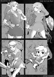  3girls 5boys belt commentary_request english_text fairy greyscale holding holding_sword holding_weapon hylian_shield left-handed link midna monochrome multiple_boys multiple_girls multiple_persona muse_(rainforest) photoshop_(medium) princess_zelda shield shield_on_back sword tetra the_legend_of_zelda the_legend_of_zelda:_a_link_to_the_past the_legend_of_zelda:_ocarina_of_time the_legend_of_zelda:_the_wind_waker the_legend_of_zelda:_twilight_princess toon_link triforce weapon 