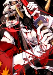  blood brown_hair commentary_request fangs female hannya hellsing hinomoto_oniko horns injury kamotama katana mask oni oni_horns original red_eyes solo sword tassel torn_clothes weapon 