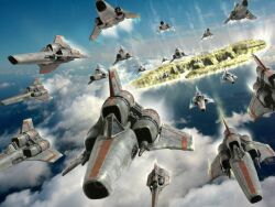  1970s_(style) battlestar_galactica cloud commentary_request falling fleet flying galactica helmet iwasan no_humans photo_bashing pilot_suit retro_artstyle science_fiction spacecraft spacesuit starfighter viper_(spacecraft) 