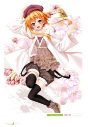  :d absurdres arm_up artist_name black_thighhighs blouse boots female flower hat head_tilt highres jacket kannatsuki_noboru kogamura_uril looking_at_viewer open_mouth orange_eyes orange_hair ribbon shinkyoku_soukai_polyphonica shinkyoku_soukai_polyphonica_aphonic_songbird shirt smile solo thighhighs 