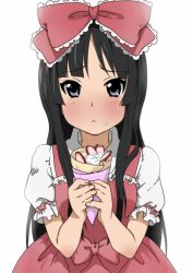  akiyama_mio bad_id bad_pixiv_id black_eyes black_hair blush bow crepe dress female food food_on_face food_wrapper hairbow k-on! lolita_fashion long_hair neki_(wakiko) solo 