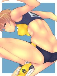  ass blue_buruma brave_witches breasts brown_eyes brown_hair buruma butt_crack commentary_request em_(totsuzen_no_hakike) female looking_at_viewer median_furrow medium_breasts micro_shorts short_hair shorts sideways_glance skindentation smile solo sports_bra two-tone_sports_bra waltrud_krupinski world_witches_series 