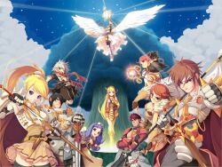  3boys 6+girls :3 :d acolyte_(ragnarok_online) angel_wings armor armored_dress arrow_(projectile) assassin_cross_(ragnarok_online) bad_id bad_pixiv_id black_hair blonde_hair blue_eyes blue_hair book bow_(weapon) brown_eyes brown_hair clenched_hand cloud dagger fingerless_gloves fur_trim glasses gloves grey_hair hat knife koflif large_wings long_hair looking_at_viewer lord_knight_(ragnarok_online) mechanic_(ragnarok_online) multiple_boys multiple_girls novice_(ragnarok_online) nurse_cap one_eye_closed open_mouth orange_hair photoshop_(medium) polearm ponytail quiver ragnarok_online red_hair royal_guard_(ragnarok_online) rune_knight_(ragnarok_online) scabbard scarf sheath short_hair sky smile sniper_(ragnarok_online) sorcerer_(ragnarok_online) spear staff star_(sky) sword tree twintails unsheathing valkyrie valkyrie_(ragnarok_online) very_long_hair weapon wings 