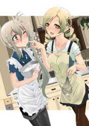  apron aqua_eyes asymmetrical_hair bad_id bad_pixiv_id banned_artist black_legwear blonde_hair blush brown_legwear cooking drill_hair hair_ornament kawaguchi_yukihiro kitchen mahou_shoujo_madoka_magica mahou_shoujo_oriko_magica mikuni_oriko multiple_girls outside_border pantyhose side_ponytail suggestive_fluid tomoe_mami twin_drills twintails white_hair yellow_eyes 