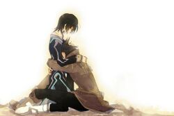  2boys alvin_(tales) bad_id bad_pixiv_id black_hair boots brown_eyes brown_hair coat comforting commentary_request hug jude_mathis knee_boots kneeling male_focus miyu_(matsunohara) multiple_boys pants serious sitting tales_of_(series) tales_of_xillia 