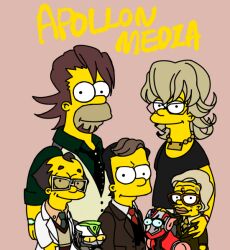  5boys albert_maverick alexander_lloyds armor bad_id bad_pixiv_id barnaby_brooks_jr. bart_simpson blonde_hair brown_hair colored_skin facial_hair formal glasses homer_simpson jewelry kaburagi_t._kotetsu lips male_focus marge_simpson matt_groening_(style) mecha mole multiple_boys necklace necktie parody power_armor power_suit robot saitou_(tiger_&amp;_bunny) shirt stubble style_parody suit superhero_costume t-shirt the_simpsons tiger_&amp;_bunny toon_(style) vero_(bestiola) vest waistcoat wild_tiger yellow_skin 