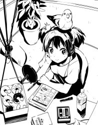  animal animal_on_head bird bird_on_head bottle commentary_request doughnut female food greyscale headphones k-on! microphone monochrome on_head pop_filter short_hair short_twintails solo studio_microphone suzuki_jun twintails watarai_keiji 