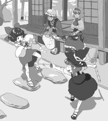  4girls aged_down alice_margatroid bow broom commentary_request fighting geta gohei greyscale hair_tubes hairband hairbow hakurei_reimu hat hat_bow kirisame_marisa knitting lolicon mary_janes mitsumoto_jouji monochrome multiple_girls ofuda old old_woman playing running shoes short_hair sitting skirt touhou witch witch_hat 