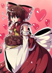  bare_shoulders basket blush bow brown_eyes brown_hair candy chocolate commentary_request detached_sleeves dollar_sign female food gamuo hair_ribbon hair_tubes hairbow hakurei_reimu heart heart-shaped_chocolate red_bow ribbon solo touhou 