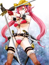  ;o arm_strap bad_id bad_pixiv_id bare_shoulders bikini breasts cowboy_hat cowboy_western female front-tie_top fur_trim green_eyes hat holster kagura_(oneechanbara) katana knife large_breasts long_hair navel one_eye_closed oneechanbara pink_hair puckered_lips scabbard sheath short_sword solo swimsuit sword tantou thigh_holster thighhighs twintails underboob very_long_hair weapon zuwai_kani 