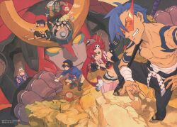  4boys 4girls :3 \m/ bandages bikini bikini_top_only blonde_hair blue_hair boota_(ttgl) brown_hair dayakka glasses goggles goggles_on_head green_hair gurren-lagann imageboard_desourced kamina_(ttgl) kamina_shades kinon_bachika kiyal_bachika kiyoh_bachika leeron_littner mecha multiple_boys multiple_girls non-web_source official_art red_hair robot sarashi scan scarf simon_(ttgl) sunglasses sushio swimsuit sword tattoo tengen_toppa_gurren_lagann thighhighs triangular_eyewear washing weapon yoko_littner 