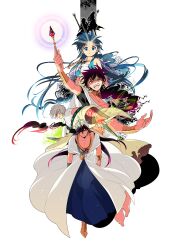  4boys aladdin_(magi) bad_id bad_pixiv_id black_hair blue_eyes blue_hair braid dalc_rose earrings flute highres instrument ja&#039;far_(magi) jewelry judal long_hair magi_the_labyrinth_of_magic male_focus midriff multiple_boys red_eyes sinbad_(magi) single_braid string string_of_fate very_long_hair wand white_hair yellow_eyes 