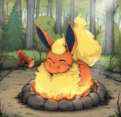  2023 ambiguous_gender campfire clearing closed_eyes daww day detailed detailed_background detailed_food digital_media_(artwork) eating eeveelution feral fire flareon food forest generation_1_pokemon happy hi_res loaf lying meat nintendo on_front otakuap outside plant pokemon pokemon_(species) sausage solo stick tree 