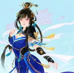  arm_guards blue_background blue_dress braid braided_ponytail breast_cutout chinese_clothes closed_mouth dress female hair_bun hair_ornament hair_rings light_brown_hair long_hair mu_tian_ming needle pink_eyes reddosaru solo tassel thunderbolt_fantasy upper_body 