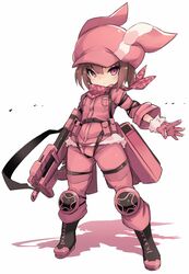  animal_ears animal_hat bandana black_footwear blush boots brown_hair bullpup closed_mouth colored_shadow fake_animal_ears female full_body fur-trimmed_gloves fur_trim gloves gun hair_between_eyes hat highres holding holding_gun holding_weapon jacket karukan_(monjya) llenn_(sao) long_sleeves looking_at_viewer md5_mismatch p-chan_(p90) p90 pants pink_bandana pink_gloves pink_hat pink_jacket pink_pants rabbit_ears rabbit_hat red_eyes resolution_mismatch shadow solo source_larger standing submachine_gun sword_art_online sword_art_online_alternative:_gun_gale_online weapon white_background 