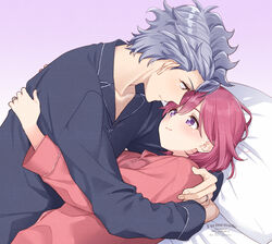  1boy arms_around_back artist_name bed_sheet blue_pajamas blush bob_cut couple cuddling dated female grey_hair hair_between_eyes jewelry krudears long_sleeves looking_at_another on_bed pajamas pillow pink_hair pink_pajamas protagonist_(tokimemo_gs3) purple_background purple_eyes red_eyes ring shitara_seiji short_hair smile straight tokimeki_memorial tokimeki_memorial_girl&#039;s_side_3rd_story twitter_username upper_body 