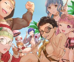  4boys 4girls :d adjusting_eyewear bad_id bad_twitter_id bikini blonde_hair blue_hair braid breasts brown_eyes christmas claude_von_riegan claude_von_riegan_(summer) closed_eyes coat eating eyewear_on_head fire_emblem fire_emblem:_three_houses fire_emblem_heroes flower food fur_trim glasses green_eyes green_hair hand_on_eyewear hat hat_flower highres hilda_valentine_goneril hilda_valentine_goneril_(summer) holding holding_food holding_ice_cream holding_umbrella hot ice_cream ice_cream_bar ignatz_victor ignatz_victor_(winter) large_breasts leonie_pinelli leonie_pinelli_(summer) long_hair long_sleeves looking_at_viewer lorenz_hellman_gloucester lorenz_hellman_gloucester_(summer) lysithea_von_ordelia lysithea_von_ordelia_(winter) male_swimwear marianne_von_edmund marianne_von_edmund_(summer) multiple_boys multiple_girls official_alternate_costume one_eye_closed open_clothes open_mouth open_shirt orange_bikini parasol parted_lips pink_bikini pink_eyes pink_hair pink_umbrella popsicle purple_hair raphael_kirsten raphael_kirsten_(plegian) red_flower rose sakura_no_yoru santa_costume santa_hat short_hair shoulder_belt smile sunglasses sweat swim_briefs swimsuit topless_male twintails umbrella w white_hair winter_clothes winter_coat 