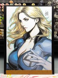  animification art_tools_in_frame blonde_hair blue_bodysuit blue_eyes bodysuit breasts cleavage collarbone commentary english_commentary fantastic_four female from_side highres large_breasts long_hair marvel open_bodysuit open_clothes photo_(medium) pink_lips signature solo stanley_lau sue_storm superhero_costume traditional_media 