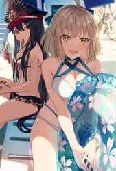  2girls :d ahoge bare_arms bare_shoulders beach_chair bikini black_bow black_hair black_headwear blonde_hair bow breasts cleavage eating fate/grand_order fate_(series) food frilled_bikini frills hairbow hat highres innertube long_hair medium_breasts military_hat motto_(night_wear) multiple_girls navel oda_nobunaga_(fate) oda_nobunaga_(swimsuit_berserker)_(fate) oda_nobunaga_(swimsuit_berserker)_(second_ascension)_(fate) okita_j._souji_(fate) okita_j._souji_(third_ascension)_(fate) okita_souji_(fate) open_mouth peaked_cap red_eyes short_hair smile swim_ring swimsuit very_long_hair yellow_eyes 