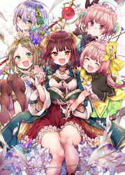  5girls :d alt_(ctrldel) atelier_(series) atelier_firis atelier_lydie_&amp;_suelle atelier_sophie black_gloves blue_coat blush boots bow brown_footwear brown_hair closed_eyes coat collared_coat commentary_request firis_mistlud flower frilled_skirt frills gloves green_eyes green_skirt hairbow headgear highres holding holding_staff long_hair lydie_marlen medium_hair medium_skirt multiple_girls open_mouth pink_eyes pink_hair plachta pleated_skirt purple_hair red_hair red_skirt short_hair siblings side_ponytail sisters skirt smile sophie_neuenmuller staff suelle_marlen thigh_boots thighhighs twins wide_sleeves yellow_bow 