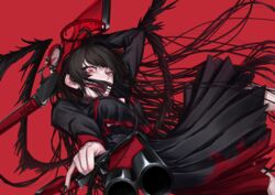  absurdly_long_hair absurdres bare_legs black_hair black_nails black_sailor_collar black_serafuku black_skirt blood blood_drip blood_halo blood_on_clothes blue_archive breasts cleavage commentary cowboy_shot dark_halo dual_wielding eyelashes female gun halo highres holding holding_gun holding_weapon joki_yoh large_breasts liquid_halo long_hair long_tongue nail_polish open_mouth pleated_skirt red_background red_eyes red_halo sailor_collar saliva school_uniform serafuku sharp_teeth shotgun simple_background skirt solo teeth tongue tongue_out torn_clothes tsurugi_(blue_archive) very_long_hair weapon 