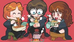  2boys aqua_eyes blush brown_eyes brown_hair chopsticks closed_eyes commentary cup_ramen eating female food fork gashi-gashi glasses gryffindor harry_potter harry_potter_(series) hermione_granger highres hogwarts_school_uniform instant_ramen instant_soba instant_udon multiple_boys nissin_cup_noodle no_nose noodles open_mouth ron_weasley school_uniform smile steam stool symbol-only_commentary tongue tongue_out wizarding_world 