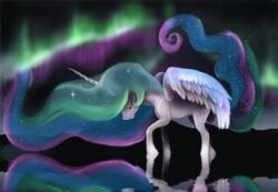  2015 2d_animation alicorn animated aurora_(phenomenon) closed_eyes cutie_mark equid equine equum_amici feathered_wings feathers female feral friendship_is_magic fur hair hasbro horn iridescent iridescent_feathers iridescent_hair iridescent_mane iridescent_tail iridescent_wings mammal motion_tweening multicolored_hair my_little_pony mythological_creature mythological_equine mythology nightshroud princess_celestia_(mlp) reflection royalty sad short_playtime sky solo star white_body white_feathers white_fur wings 