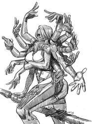  artist_name bodysuit breasts breasts_squeezed_together commentary_request crossed_arms cyborg dark-skinned_female dark_skin dated extra_arms female greyscale kinuko_(kinucakes) large_breasts looking_at_viewer metal_gear_(series) metal_gear_rising:_revengeance mistral_(metal_gear_rising) monochrome polearm simple_background solo weapon white_background 