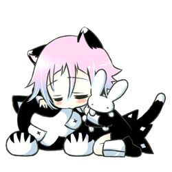  1other androgynous animal_ears blush cat_ears cat_tail chibi commentary_request crona_(soul_eater) dress lowres pink_hair ragnarok_(demon_sword) sakurazawa_izumi short_hair soul_eater stuffed_animal stuffed_rabbit stuffed_toy tail transparent_background 