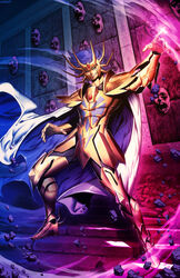  1boy armor blue_eyes cancer_death_mask cape commentary faulds full_armor gauntlets genzoman glowing glowing_finger gold_armor gold_saint greaves grin helmet looking_at_viewer magic male_focus pauldrons photoshop_(medium) purple_hair saint_seiya shoulder_armor smile solo 