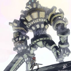  1boy alex_ahad blue_eyes colossus gaius_(shadow_of_the_colossus) glowing glowing_eyes red_hair shadow_of_the_colossus short_hair size_difference surcoat sword wander_(shadow_of_the_colossus) watermark weapon web_address 