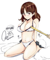  admiral_(kancolle) backscratcher barefoot bikini_pull blush bra breasts brown_eyes brown_hair character_name chiyoda_(kancolle) cleavage clothes_pull collarbone commentary female kantai_collection large_breasts looking_down navel out_of_frame panties parted_lips rizzl signature simple_background sitting solo_focus thighs twitter_username underwear underwear_only white_background white_bra white_panties 